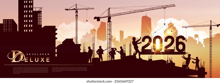 Large construction site, many construction cranes set numbers 2026. Black silhouette staff works as a to prepare to welcome the new year. Construction team sets numbers for New Year 2026. Vector.