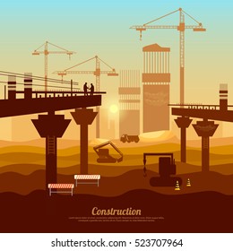 Large construction site vector, bridge construction with cranes, machinery, industry background vector 