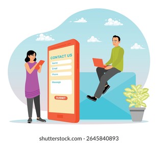 Large contact us landing page template for websites and mobile websites, with two people using electronic devices. Contact us concept.