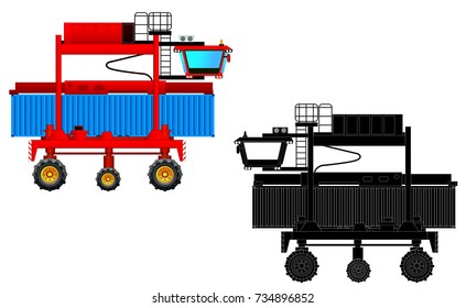 Large container loader and container. Sea port crane. Silhouette. Vector illustration, isolated on white