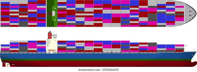 Large Container Ship. Blue container vessel with single accommodation block. Side and top profile. Isolated vector illustration.