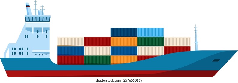 Large container ship carrying colorful cargo containers is sailing on the sea, transporting goods across the ocean in a globalized trade and logistics network