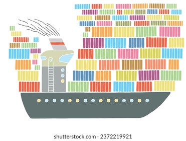 Un gran buque de contenedores transporta contenedores con carga. Mano Cortada. Dibujo a mano libre. Doodle. Esbozo. Esquema.