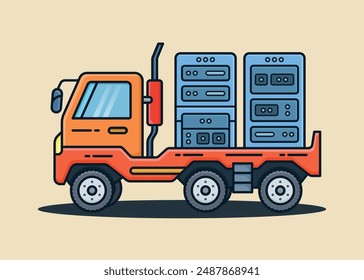 Großer Containerfahrzeug mit zwei modernen Datenservern, minimalistische flache Darstellung