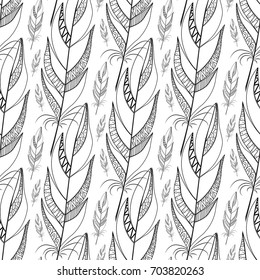 large contour black feathers with geometric elements. diagonal seamless pattern. Doodle Textile Design