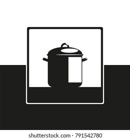 Large cooking pot. Vector icon in black and white form.