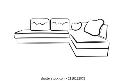 Large corner sofa, black drawing on a white background in line art style