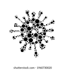 A large coronavirus symbol in the center made in pointillism style. The center symbol is filled with black circles of various sizes. Vector illustration on white background