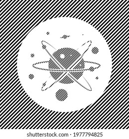 A large cosmic symbol in the center as a hatch of black lines on a white circle. Interlaced effect. Seamless pattern with striped black and white diagonal slanted lines