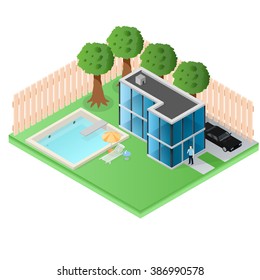 Large country cottage made of glass. A house in the suburbs. Residence of a rich man. Pool in the yard. Wooden fence. Black car. A man with a phone. Vector illustration.