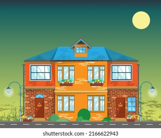 
Large country cottage on a summer evening. Vector illustration