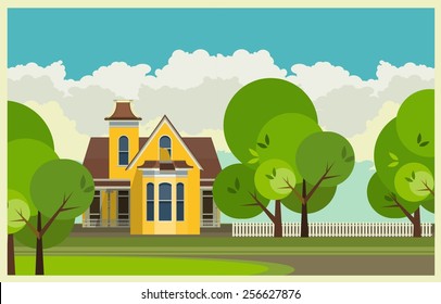 large country house in a flat style on against the sky and a small courtyard