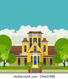 large country house in a flat style on against the sky and a small courtyard