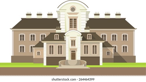  Large country house with flower beds and lawn white background,