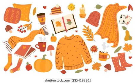 Large cozy autumn set in warm colors in flat style: sweater, scarf, hat, socks, rubber boots, books, tea, coffee, cocoa, cake, playing cards, candle, pillows