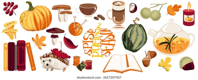 Grande conjunto de otoño de Vector acogedor con calabaza, té de espino cerval de mar, libro abierto, velas, champiñones, taza de café, bayas viburnum y erizo lindo. Perfecto para la decoración de temporada, tarjetas, carteles y enseñanza