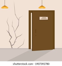 Large crack in the office wall. The concept of repair or construction work. Poor building condition. Open doors. Vector illustration. Flat style.