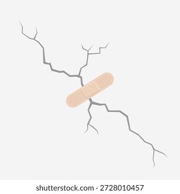 Large crack in the wall with medical plaster on it, flat vector illustration