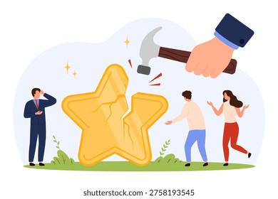 Large cracked star being smashed by hammer with worried people around, symbolizing criticism, damaged reputation, and negative feedback in business or personal context, isolated vector illustration