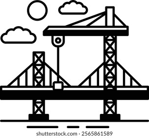 A large crane is lifting a large object over a bridge. The crane is in the middle of the bridge and is surrounded by a lot of metal. The bridge is very long and spans across a large body of water