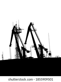 Large cranes in the seaport. Isolated silhouettes on white background