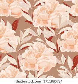 Large cream peonies flowers with graceful leaves on a beige background. Seamless vector floral illustration. Square repeating pattern for design, fabric and wallpaper.