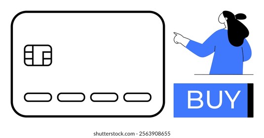 Large credit card with chip and magnetic strip, alongside a person in blue pointing towards a buy button. Ideal for online shopping, ecommerce, digital payments, purchasing services, internet