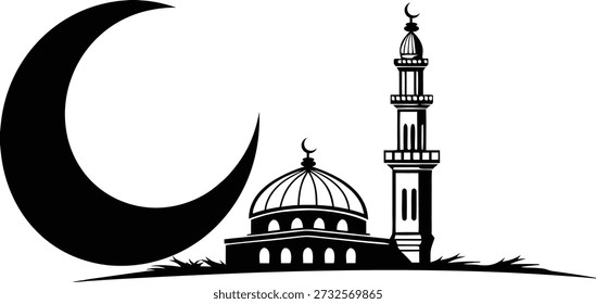 Lua Crescente Grande com Mesquita Paisagem Ramadã Silhueta