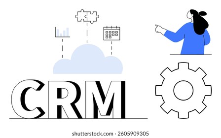 Large CRM text, cloud with charts and calendar above, gear icon, and person pointing. Ideal for business strategy, CRM solutions, data management, customer engagement, team workflow