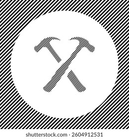 A large crossed hammers symbol in the center as a hatch of black lines on a white circle. Interlaced effect. Seamless pattern with striped black and white diagonal slanted lines