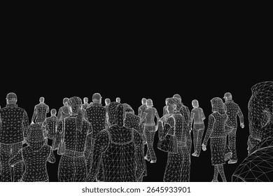 A large crowd of animated people stands in a dynamic line against a black background, creating a striking visual effect. The figures appear lively and energetic, emphasizing movement and unity.