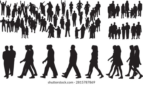 Large crowd collection of walking standing and celebrating people silhouettes with diverse families for architectural rendering and urban design entourage
