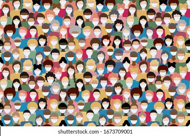 Large Crowd Of Diverse People Wearing Masks To Prevent Virus Spread. Global Corona Virus Pandemic Concept Vector Illustration. Seamless Pattern.