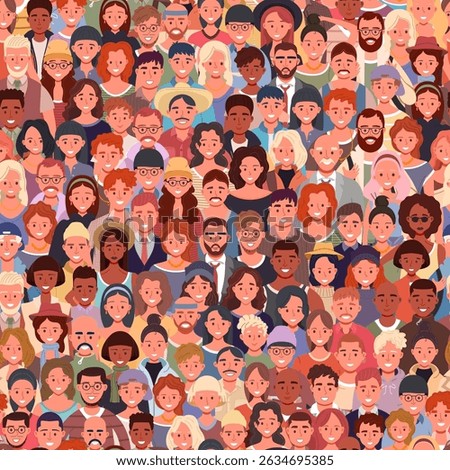 Large crowd of multiethnic people seamless pattern. Includes kids, teenagers, adults, and elderly. Group of men and women of different ages. Vector illustration design.