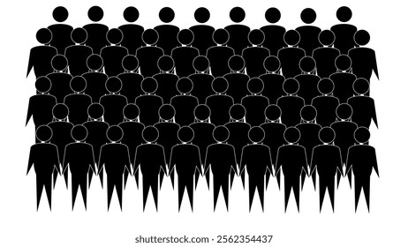 Large crowd of people in flat design on white background, human resource and team leadership concept, black bodyguards icon, crowd of identical people, herd feeling among people, crowd symbol