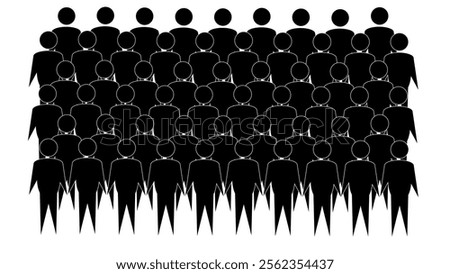 Large crowd of people in flat design on white background, human resource and team leadership concept, black bodyguards icon, crowd of identical people, herd feeling among people, crowd symbol
