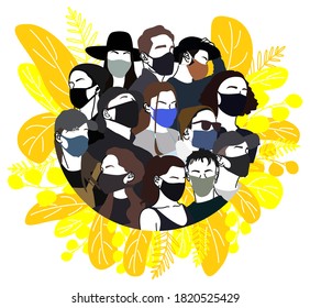 Large crowd of people with mask in the shape of a circle. Concept of society, community of people in times of pandemic. Flat vector with yellow leaves background.