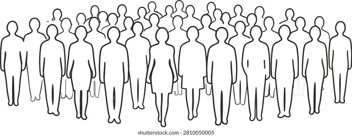 Large crowd of people outlined in black and white, minimalist