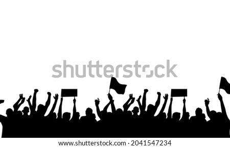 Large crowd of people protest and demonstration silhouette. Group of people holding poster and flag illustration