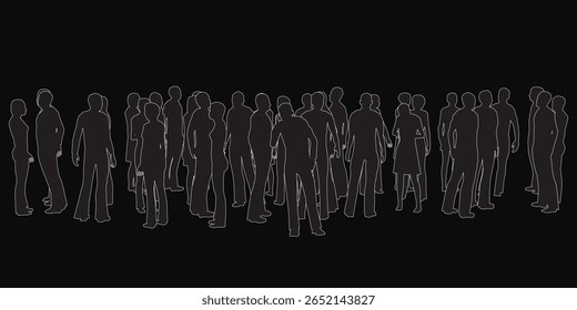 Uma grande multidão de pessoas fica em uma linha reta contra um fundo preto, criando um impressionante contraste visual. A composição monocromática enfatiza a unidade e a ordem.