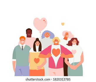 Large crowd of people volunteer with hearts in their hands