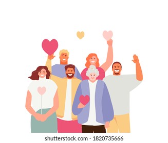 Large crowd of people volunteer with hearts in their hands. Volunteer day concept vector illustration banner