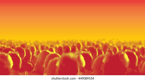 Large crowd of people watching concert or sport event. Vector illustration with halftone screen line effect