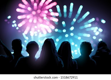 A large crowd of people watching and enjoying a firework display event. Vector illustration.