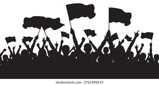 A large crowd of people waving flags in a celebratory demonstration depicted as a silhouette