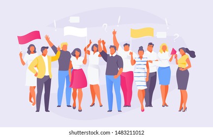 Large crowd of protesting people with posters. Strike and mass action. Vector illustration