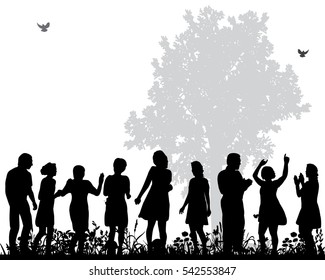 a large crowd of silhouettes dancing in the nature, vector