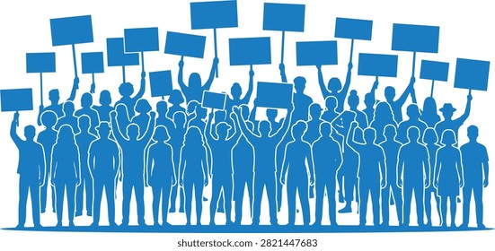 A large crowd of stylized blue people standing together holding up empty signs and banners to represent a protest, demonstration, or public rally.