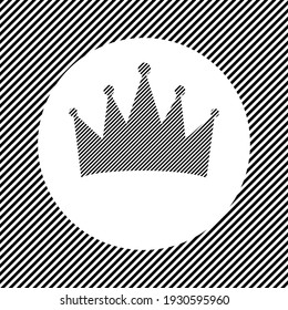 A large crown symbol in the center as a hatch of black lines on a white circle. Interlaced effect. Seamless pattern with striped black and white diagonal slanted lines