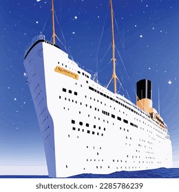 A large cruise boat sailing the ocean with a view of the starry night. Titanic like boat.